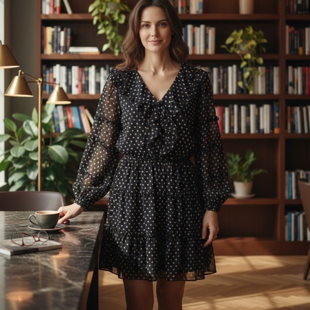 CeCe Black Tan Polka Dot Ruffle Mini Dress Long Sleeve V-Neck Size S NEW